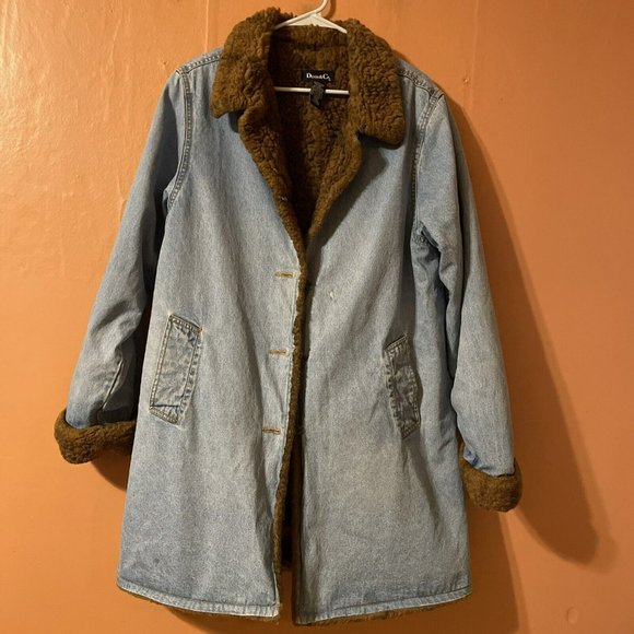 Denim&Co Jackets & Blazers - Denim & Co Blue Denim and Brown Sherpa Long Coat Size Medium Metal Closures
